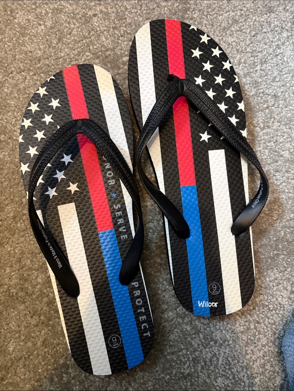 Black Flip-Flops with Red & Blue Stripes